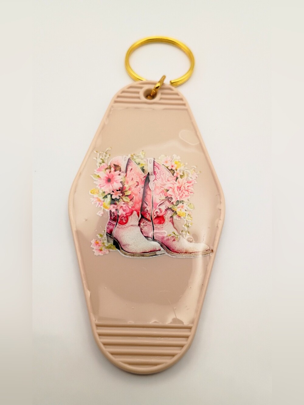 Tan Cowboy Boot Keychain with Floral Graphic